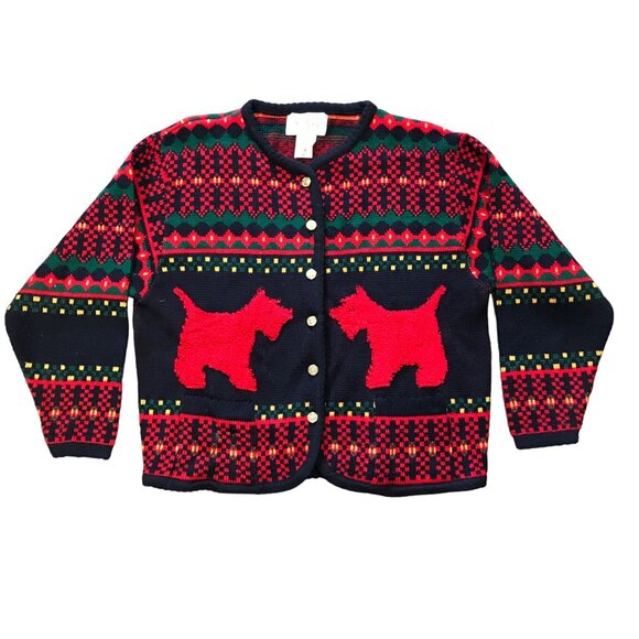 Vtg Tally-Ho Scotty Terrier Dog Cardigan Sweater Button Front Red Black Medium - Picture 12 of 12